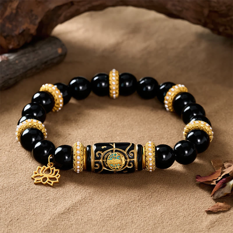 Buddha Stones Schwarzes Obsidian-Harz-Fassperlen-Lotusanhänger-Schutz-Rundperlenarmband - image 2