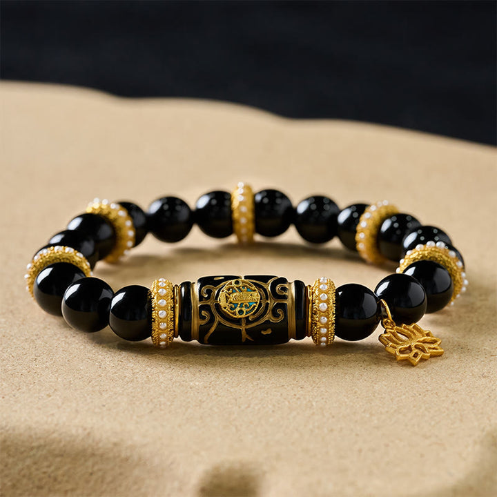 Buddha Stones Schwarzes Obsidian-Harz-Fassperlen-Lotusanhänger-Schutz-Rundperlenarmband - image 7