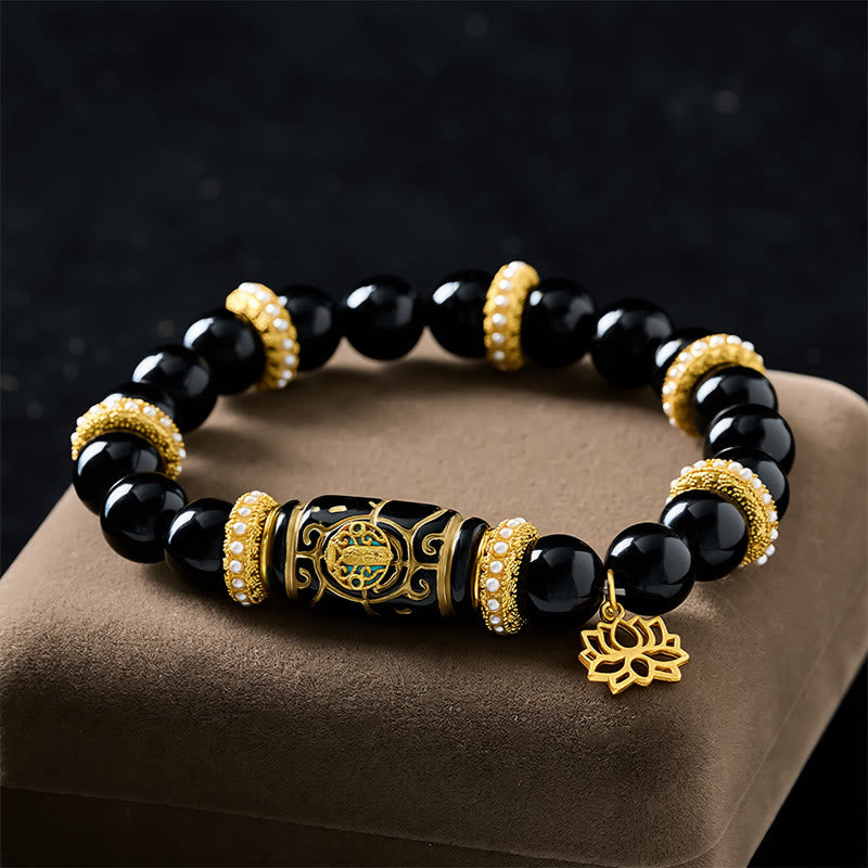 Buddha Stones Schwarzes Obsidian-Harz-Fassperlen-Lotusanhänger-Schutz-Rundperlenarmband - image 1