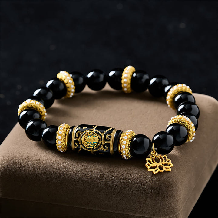 Buddha Stones Schwarzes Obsidian-Harz-Fassperlen-Lotusanhänger-Schutz-Rundperlenarmband - image 1