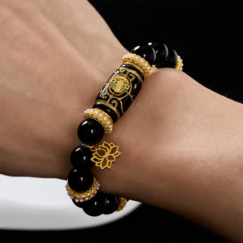 Buddha Stones Schwarzes Obsidian-Harz-Fassperlen-Lotusanhänger-Schutz-Rundperlenarmband - image 4