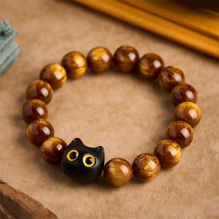 Buddha Stones Armband mit gelben Harzperlen, gelben Augen und Katzenmotiv aus Ebenholz - 14 mm (Handgelenkumfang: 7,1–7,5 Zoll / 18–19 cm) - image 0