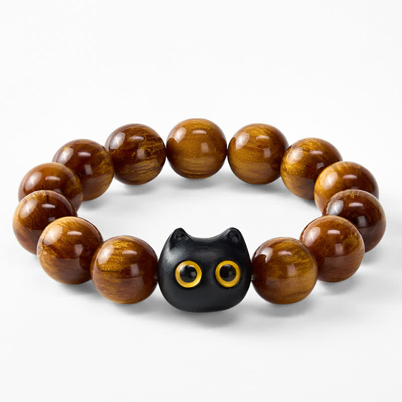 Buddha Stones Armband mit gelben Harzperlen, gelben Augen und Katzenmotiv aus Ebenholz - image 14
