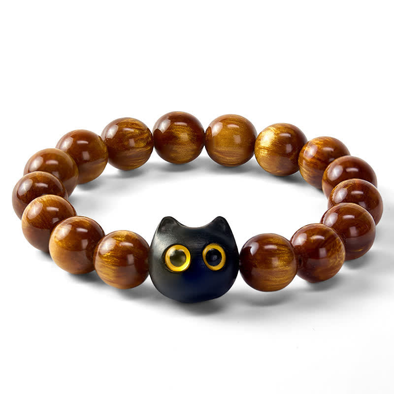 Buddha Stones Armband mit gelben Harzperlen, gelben Augen und Katzenmotiv aus Ebenholz - image 6