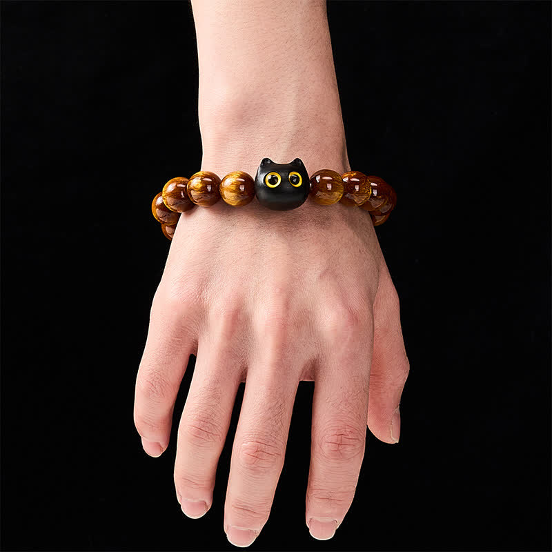 Buddha Stones Armband mit gelben Harzperlen, gelben Augen und Katzenmotiv aus Ebenholz - image 4