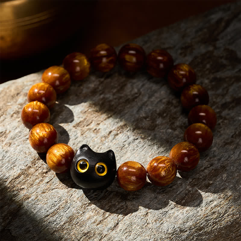 Buddha Stones Armband mit gelben Harzperlen, gelben Augen und Katzenmotiv aus Ebenholz - image 3