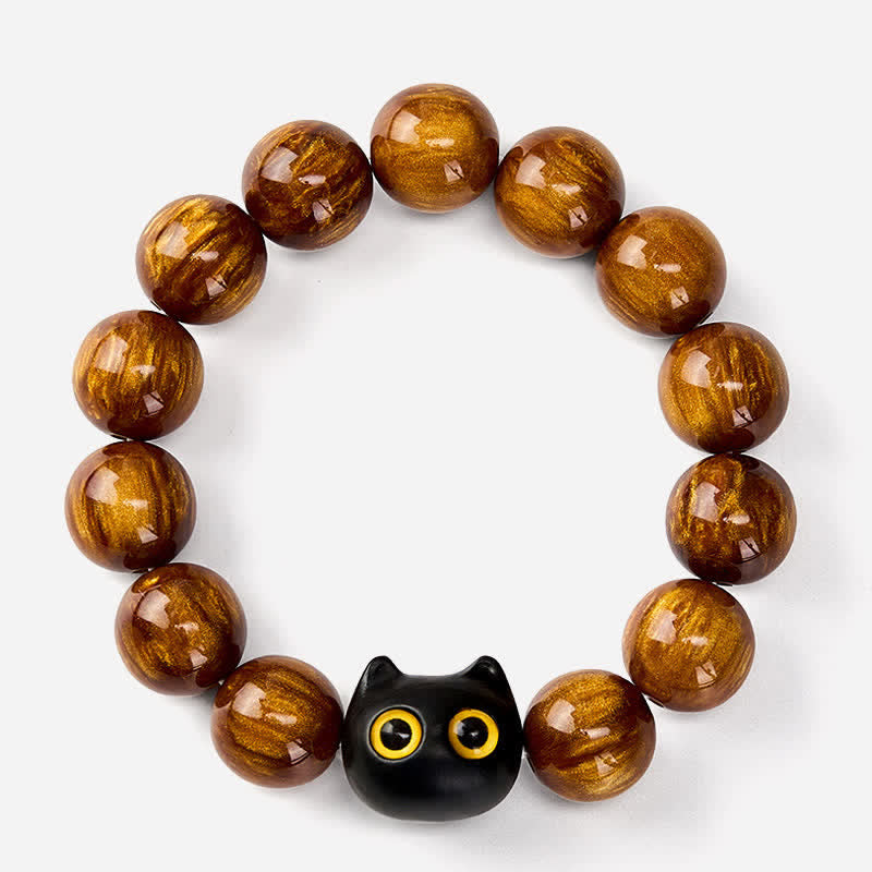 Buddha Stones Armband mit gelben Harzperlen, gelben Augen und Katzenmotiv aus Ebenholz - image 11