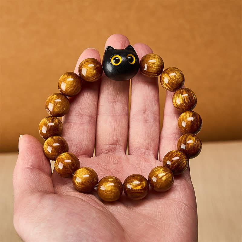 Buddha Stones Armband mit gelben Harzperlen, gelben Augen und Katzenmotiv aus Ebenholz - image 5