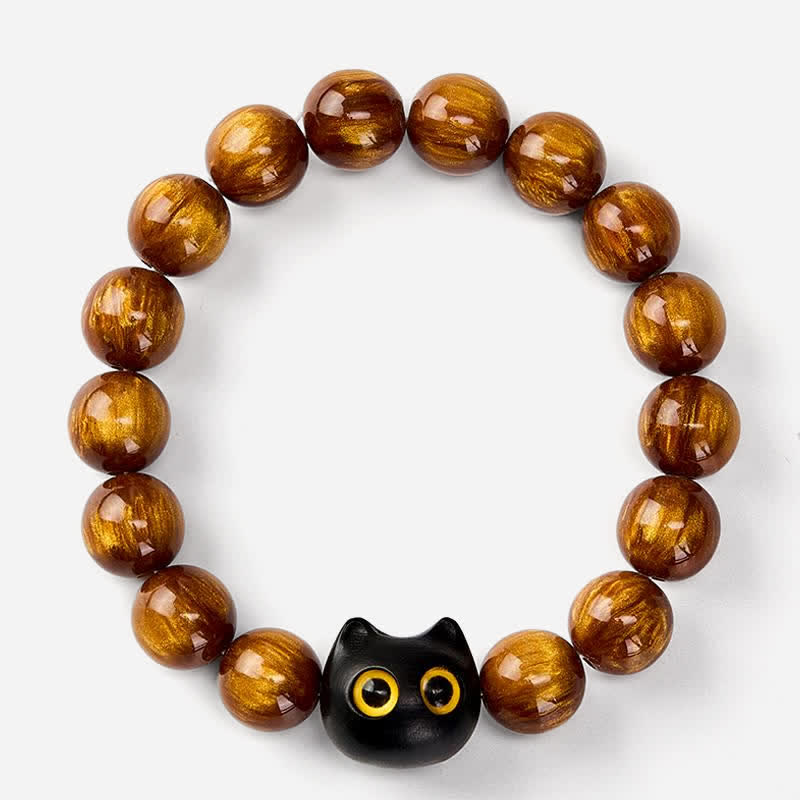 Buddha Stones Armband mit gelben Harzperlen, gelben Augen und Katzenmotiv aus Ebenholz - image 2