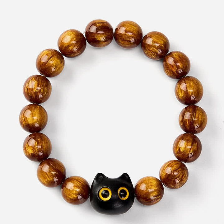 Buddha Stones Armband mit gelben Harzperlen, gelben Augen und Katzenmotiv aus Ebenholz - image 2