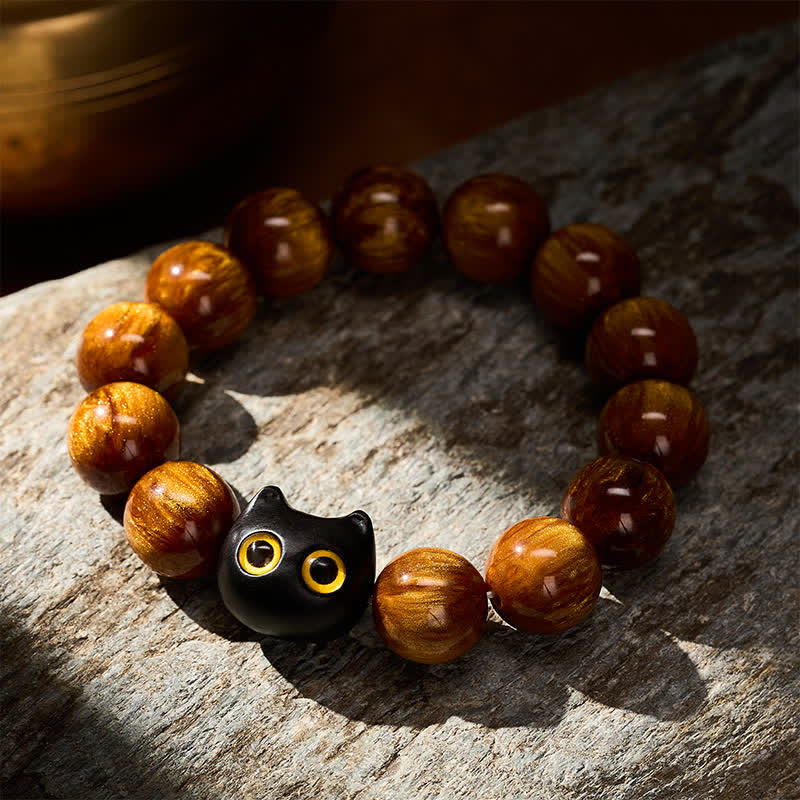 Buddha Stones Armband mit gelben Harzperlen, gelben Augen und Katzenmotiv aus Ebenholz - image 12