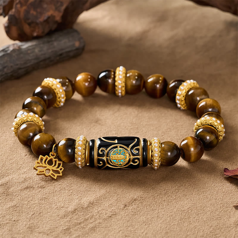 Buddha Stones Armband mit Lotus-Anhänger aus natürlichem gelbem Tigeraugenharz und runden Perlen - image 2