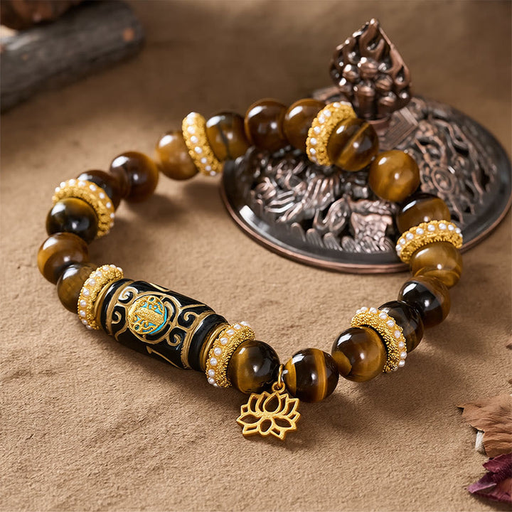 Buddha Stones Armband mit Lotus-Anhänger aus natürlichem gelbem Tigeraugenharz und runden Perlen - image 3
