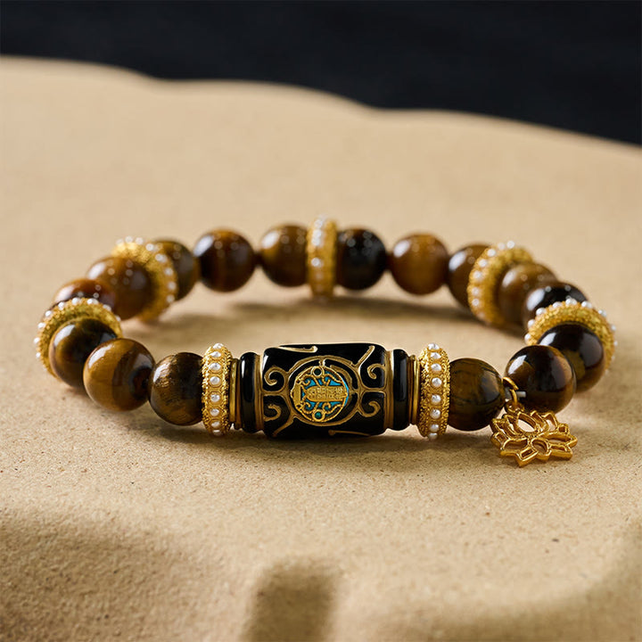 Buddha Stones Armband mit Lotus-Anhänger aus natürlichem gelbem Tigeraugenharz und runden Perlen - image 7