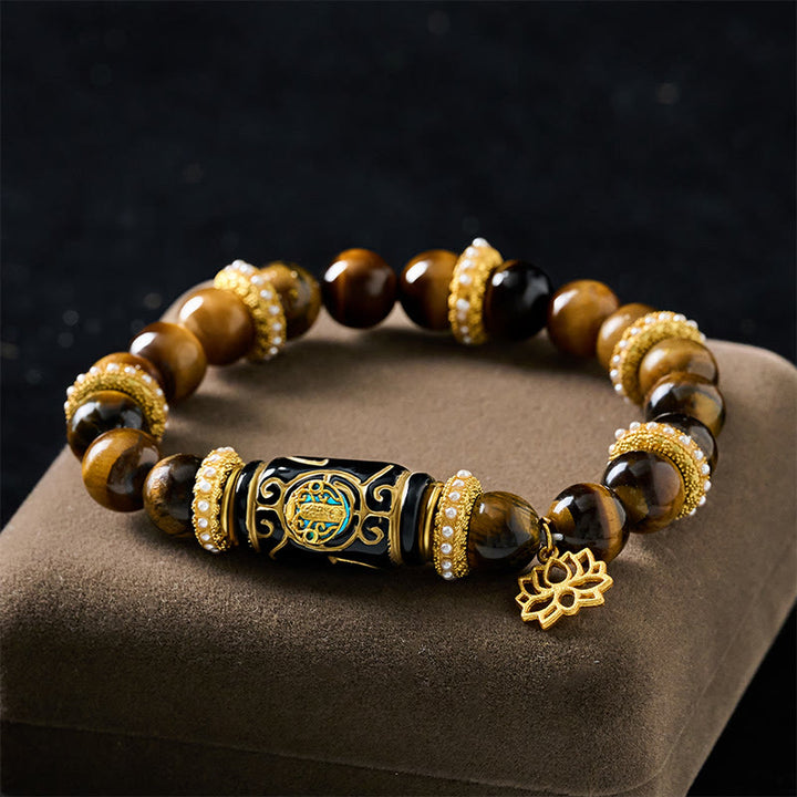 Buddha Stones Armband mit Lotus-Anhänger aus natürlichem gelbem Tigeraugenharz und runden Perlen - image 1