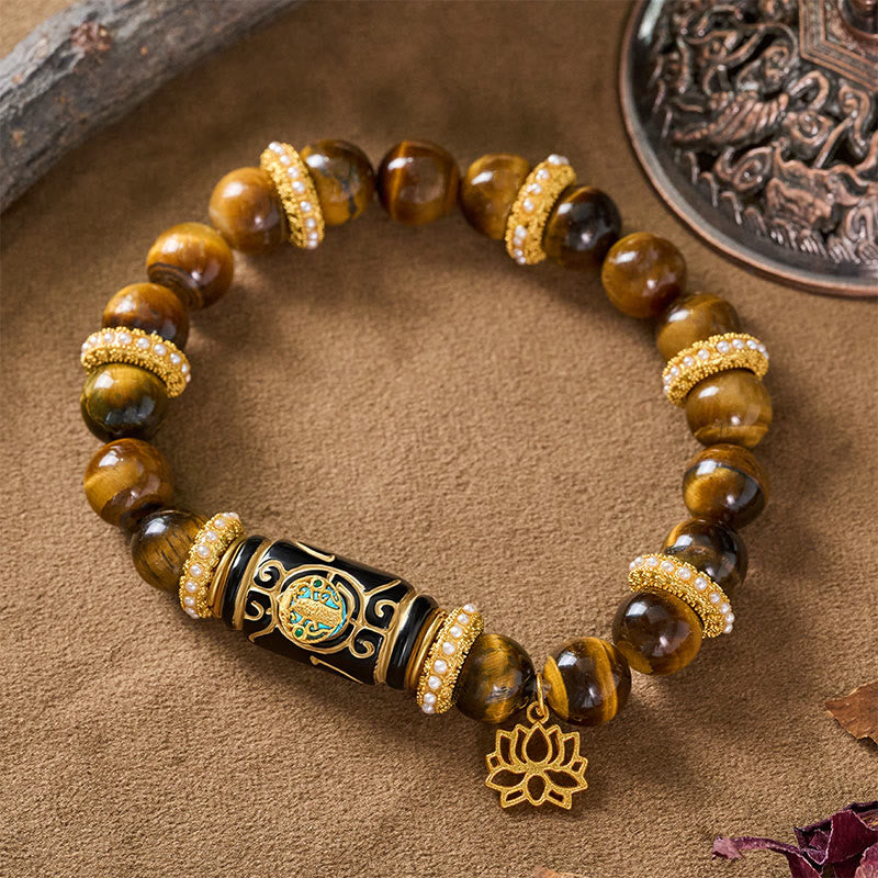 Buddha Stones Armband mit Lotus-Anhänger aus natürlichem gelbem Tigeraugenharz und runden Perlen - Gelbes Tigerauge (Handgelenkumfang: 16–17 cm) - image 0