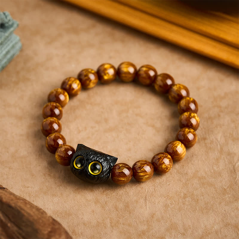 Buddha Stones Armband aus gelben Harzperlen und Ebenholz mit Katzenmotiv - 10 mm (Handgelenkumfang: 6,3–6,7 Zoll / 16–17 cm) - image 0