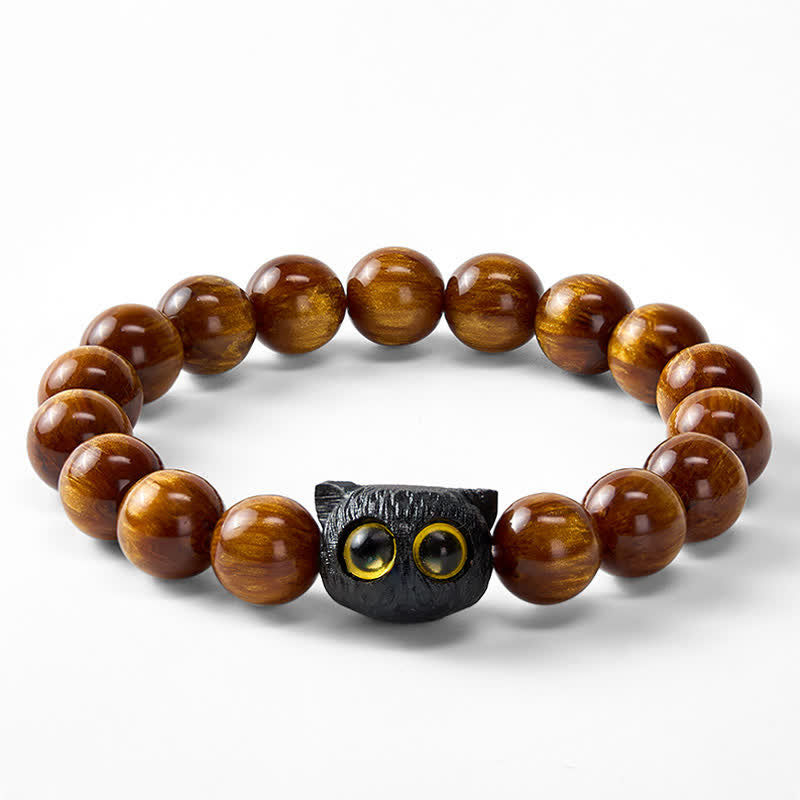 Buddha Stones Armband aus gelben Harzperlen und Ebenholz mit Katzenmotiv - image 15