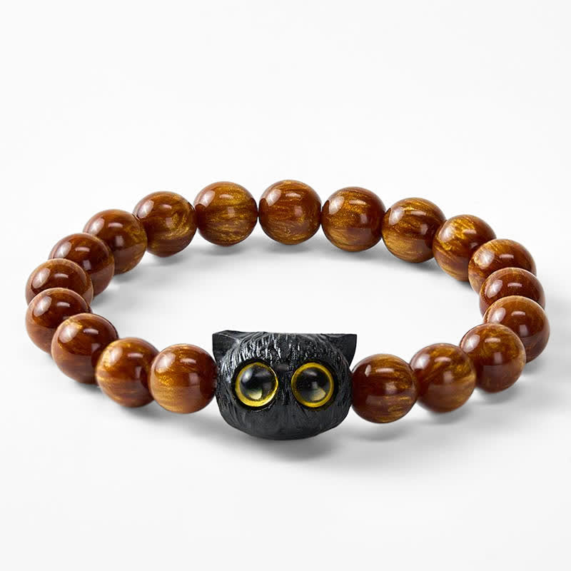 Buddha Stones Armband aus gelben Harzperlen und Ebenholz mit Katzenmotiv - image 8