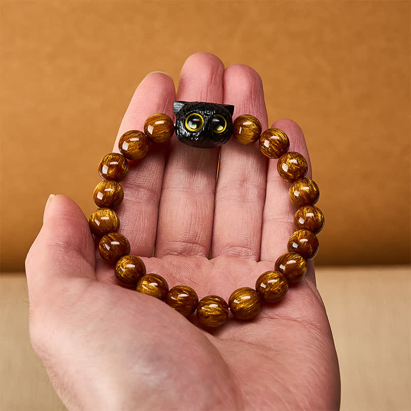 Buddha Stones Armband aus gelben Harzperlen und Ebenholz mit Katzenmotiv - image 7