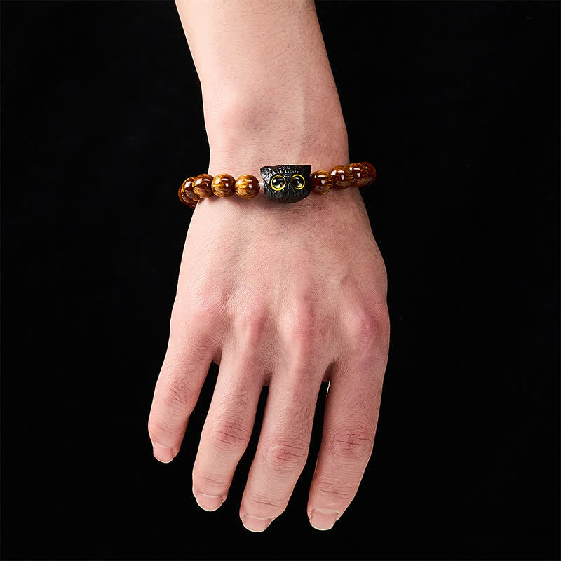 Buddha Stones Armband aus gelben Harzperlen und Ebenholz mit Katzenmotiv - image 4