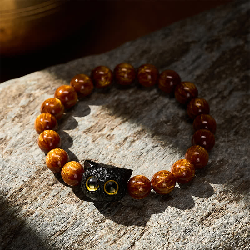 Buddha Stones Armband aus gelben Harzperlen und Ebenholz mit Katzenmotiv - image 2