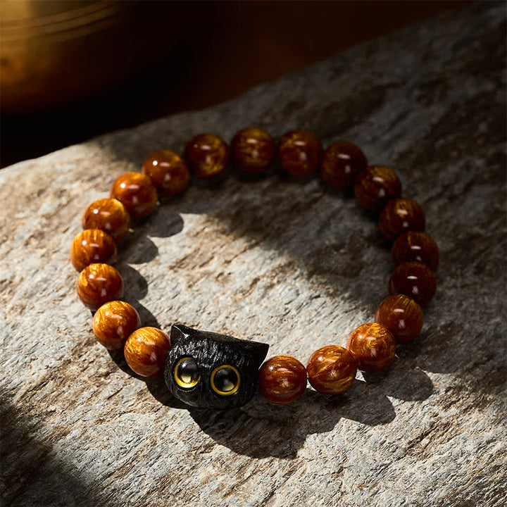 Buddha Stones Armband aus gelben Harzperlen und Ebenholz mit Katzenmotiv - image 2