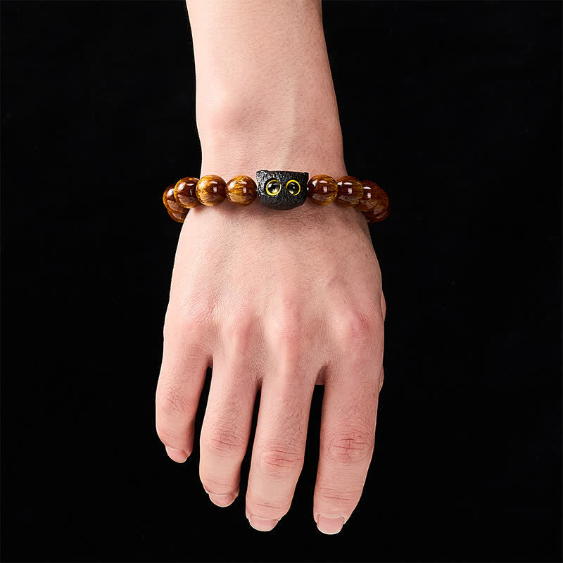 Buddha Stones Armband aus gelben Harzperlen und Ebenholz mit Katzenmotiv - image 12
