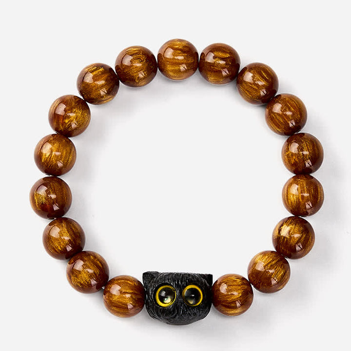 Buddha Stones Armband aus gelben Harzperlen und Ebenholz mit Katzenmotiv - image 14