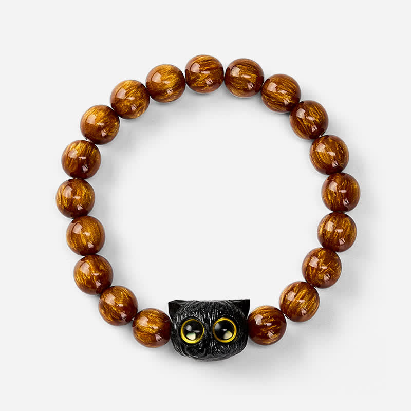 Buddha Stones Armband aus gelben Harzperlen und Ebenholz mit Katzenmotiv - image 3