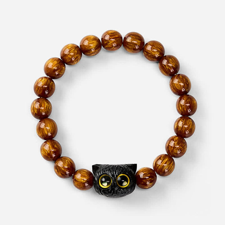 Buddha Stones Armband aus gelben Harzperlen und Ebenholz mit Katzenmotiv - image 3