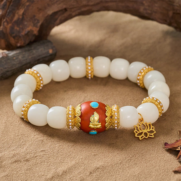 Buddha Stones Armband mit weißem Bodhi-Samen, graviertem orangefarbenem ovalem Lotus-Anhänger und Segensperlen - image 8