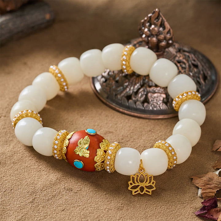 Buddha Stones Armband mit weißem Bodhi-Samen, graviertem orangefarbenem ovalem Lotus-Anhänger und Segensperlen - image 2