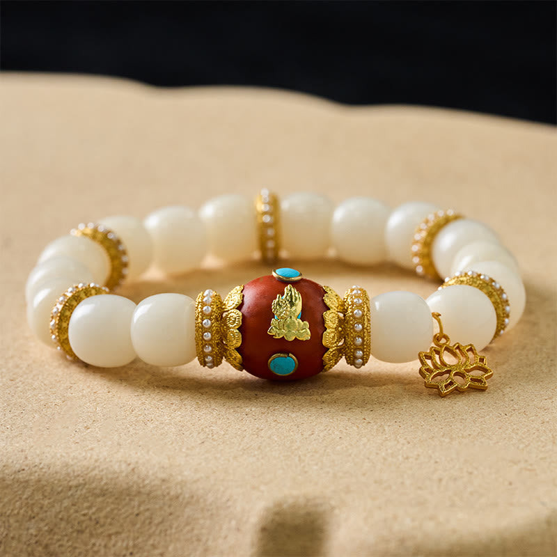 Buddha Stones Armband mit weißem Bodhi-Samen, graviertem orangefarbenem ovalem Lotus-Anhänger und Segensperlen - image 1