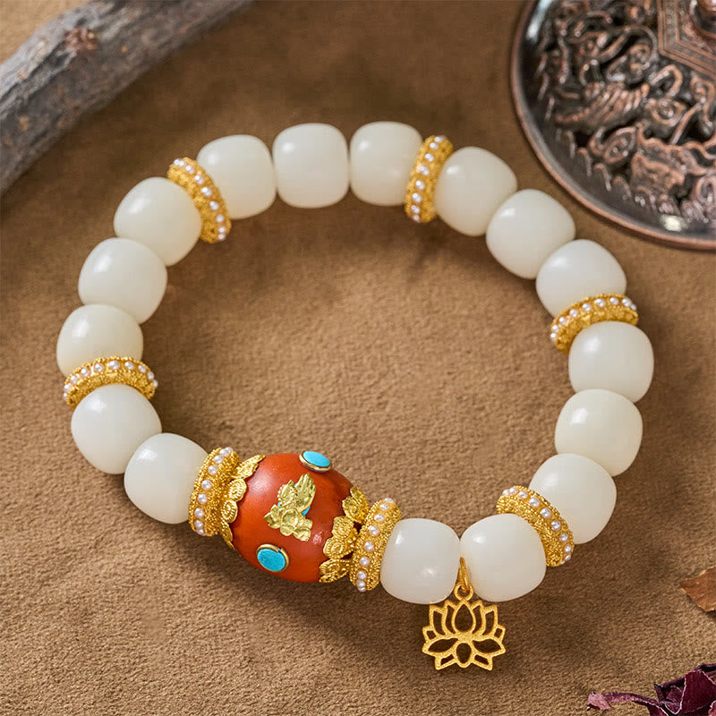 Buddha Stones Armband mit weißem Bodhi-Samen, graviertem orangefarbenem ovalem Lotus-Anhänger und Segensperlen - image 3