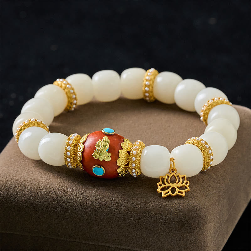 Buddha Stones Armband mit weißem Bodhi-Samen, graviertem orangefarbenem ovalem Lotus-Anhänger und Segensperlen - Weiße Bodhi-Samen (Handgelenkumfang: 18-19 cm) - image 0