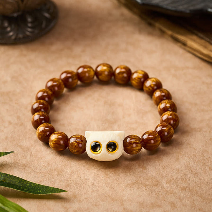 Buddha Stones Armband mit gelben Harzperlen, elfenbeinfarbenen Früchten und Katzenmotiven - 10 mm (Handgelenkumfang: 6,3–6,7 Zoll / 16–17 cm) - image 0