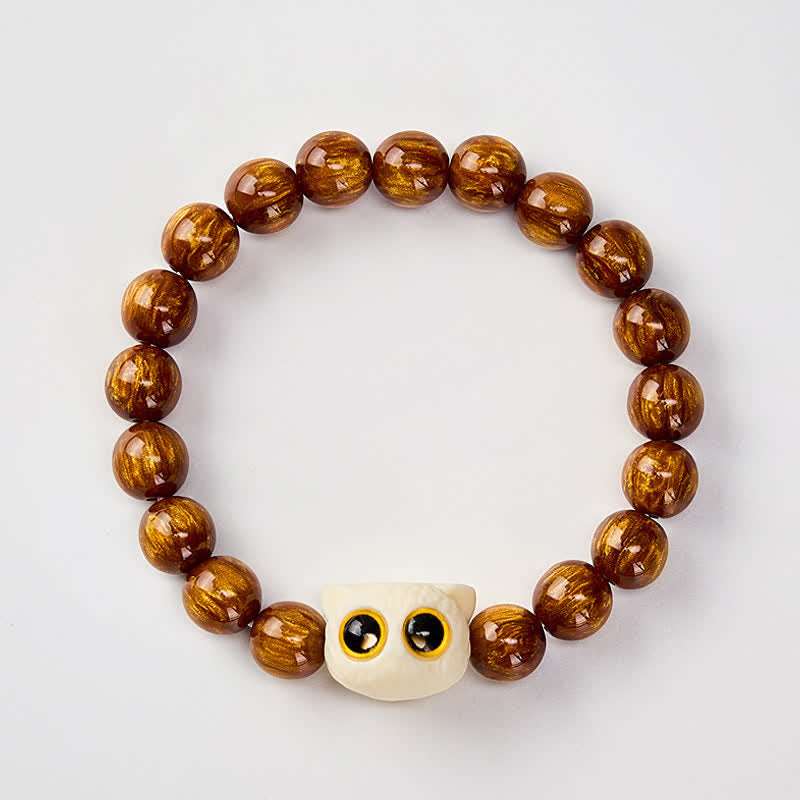 Buddha Stones Armband mit gelben Harzperlen, elfenbeinfarbenen Früchten und Katzenmotiven - image 2
