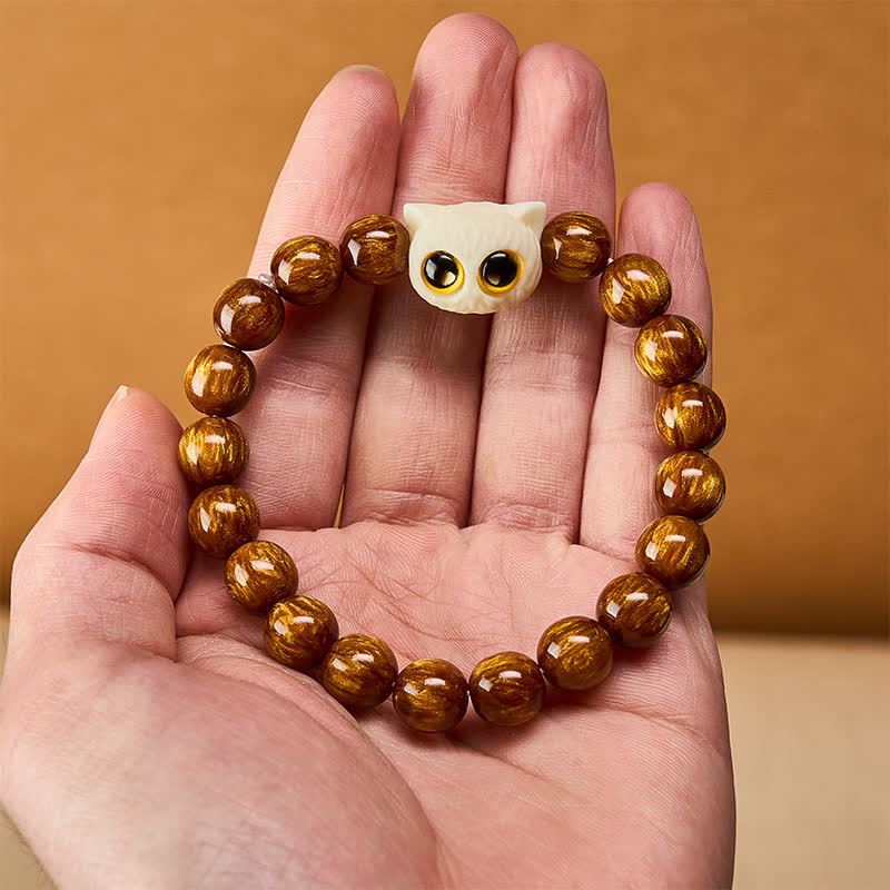 Buddha Stones Armband mit gelben Harzperlen, elfenbeinfarbenen Früchten und Katzenmotiven - image 5