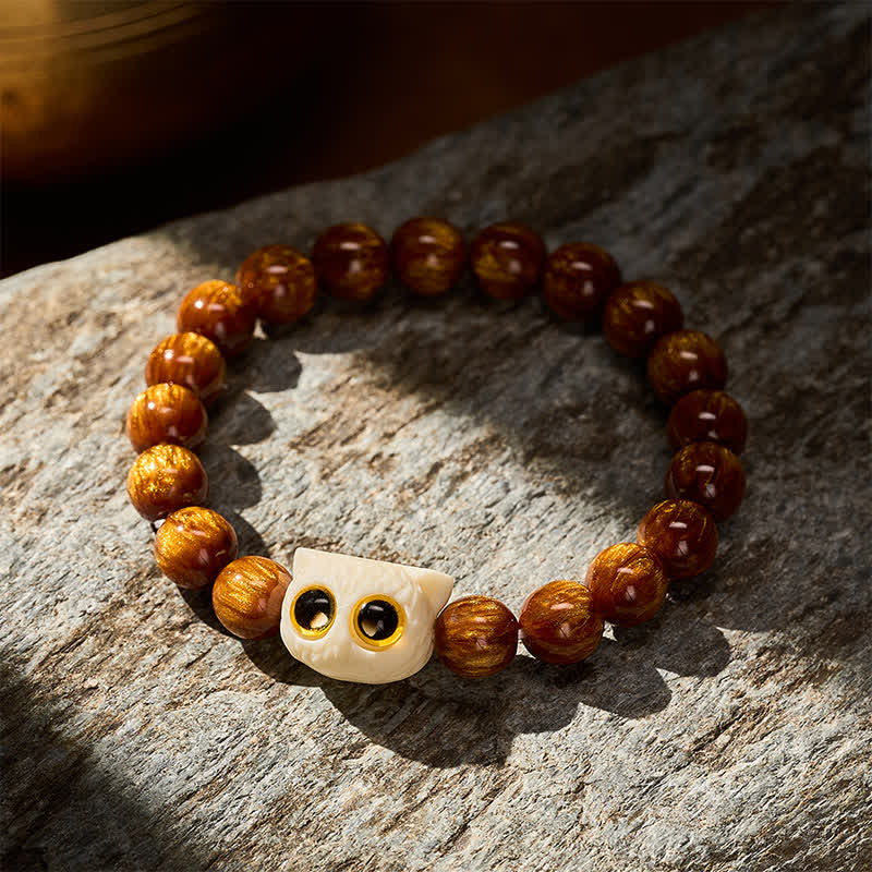 Buddha Stones Armband mit gelben Harzperlen, elfenbeinfarbenen Früchten und Katzenmotiven - image 3