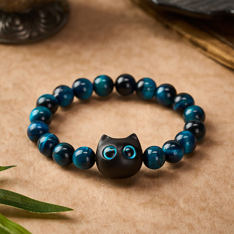 Buddha Stones Armband aus blauem Tigerauge-Ebenholz mit Katzenmotiv - image 1