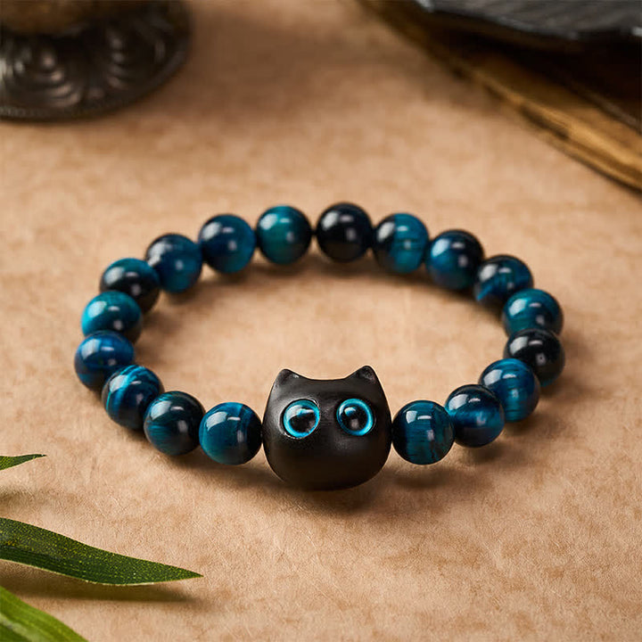 Buddha Stones Armband aus blauem Tigerauge-Ebenholz mit Katzenmotiv - image 1