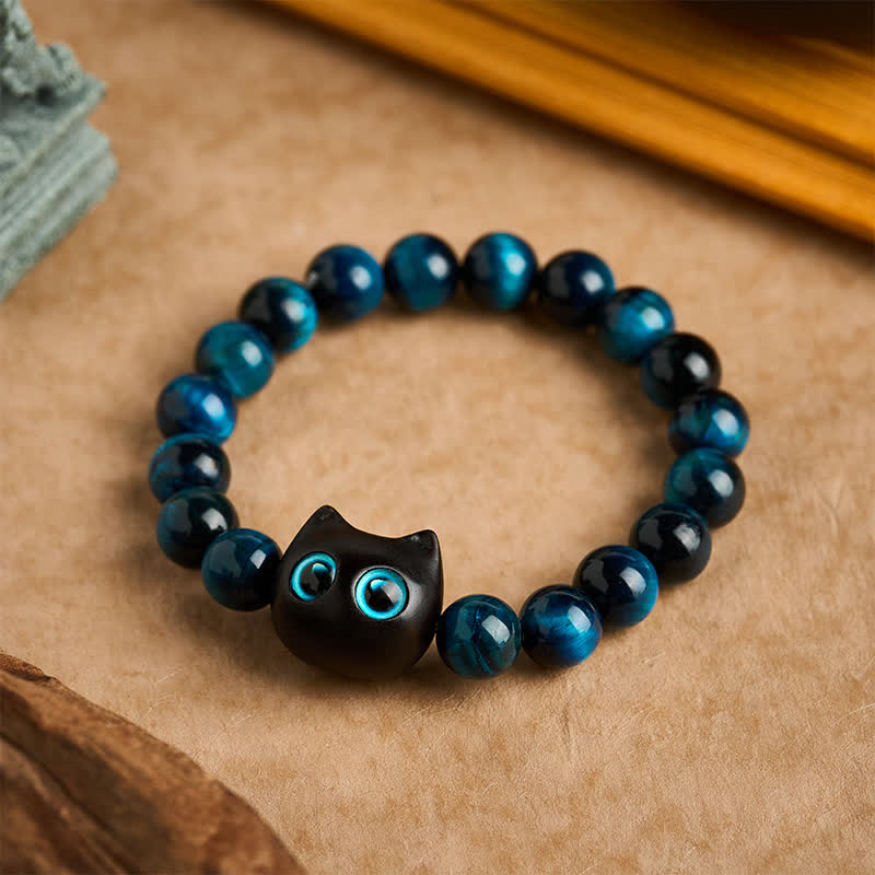 Buddha Stones Armband aus blauem Tigerauge-Ebenholz mit Katzenmotiv - 10 mm (Handgelenkumfang: 6,3–6,7 Zoll / 16–17 cm) - image 0