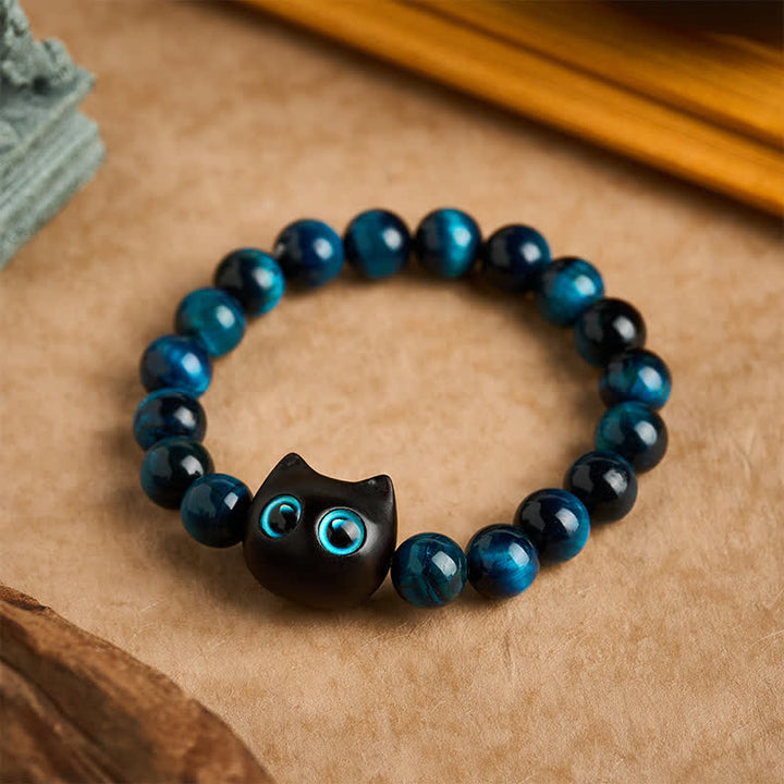 Buddha Stones Armband aus blauem Tigerauge-Ebenholz mit Katzenmotiv - 10 mm (Handgelenkumfang: 6,3–6,7 Zoll / 16–17 cm) - image 0