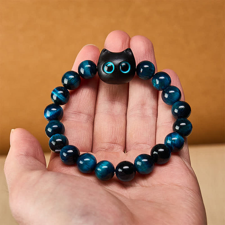Buddha Stones Armband aus blauem Tigerauge-Ebenholz mit Katzenmotiv - image 5