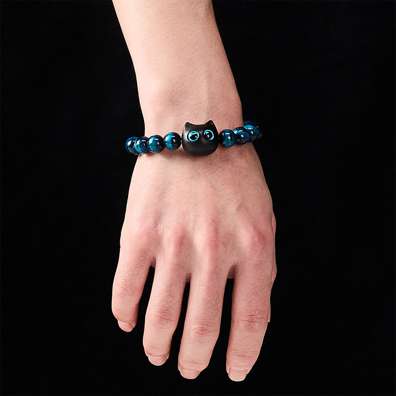 Buddha Stones Armband aus blauem Tigerauge-Ebenholz mit Katzenmotiv - image 4