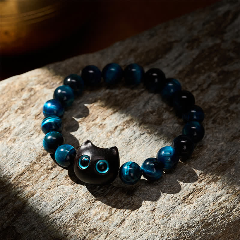 Buddha Stones Armband aus blauem Tigerauge-Ebenholz mit Katzenmotiv - image 3