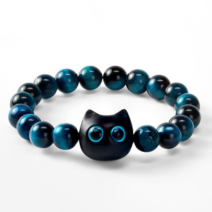 Buddha Stones Armband aus blauem Tigerauge-Ebenholz mit Katzenmotiv - image 6