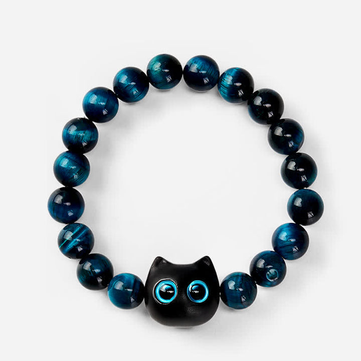 Buddha Stones Armband aus blauem Tigerauge-Ebenholz mit Katzenmotiv - image 2