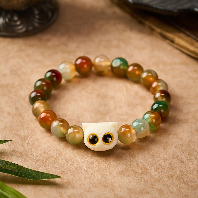 Buddha Stones Pfauenachat-Elfenbein-Frucht-Katzen-Mut-Armband - image 1